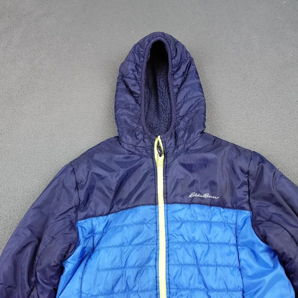 Eddie Bauer Jacket Kids Medium 10/12 Blue Reversible Hooded Sherpa Puffer